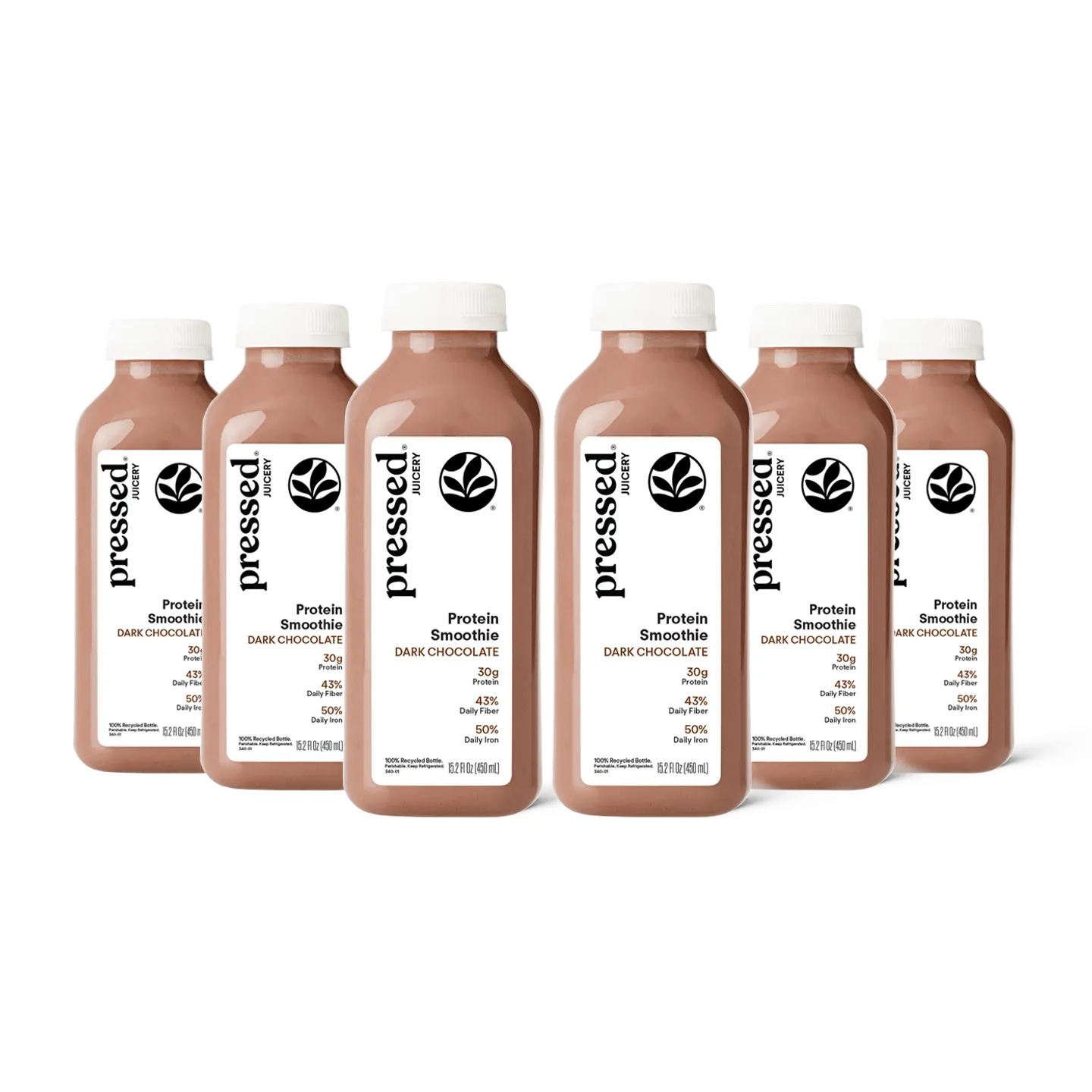 Bottles of pressed protein dark chocolate smoothie on a white background