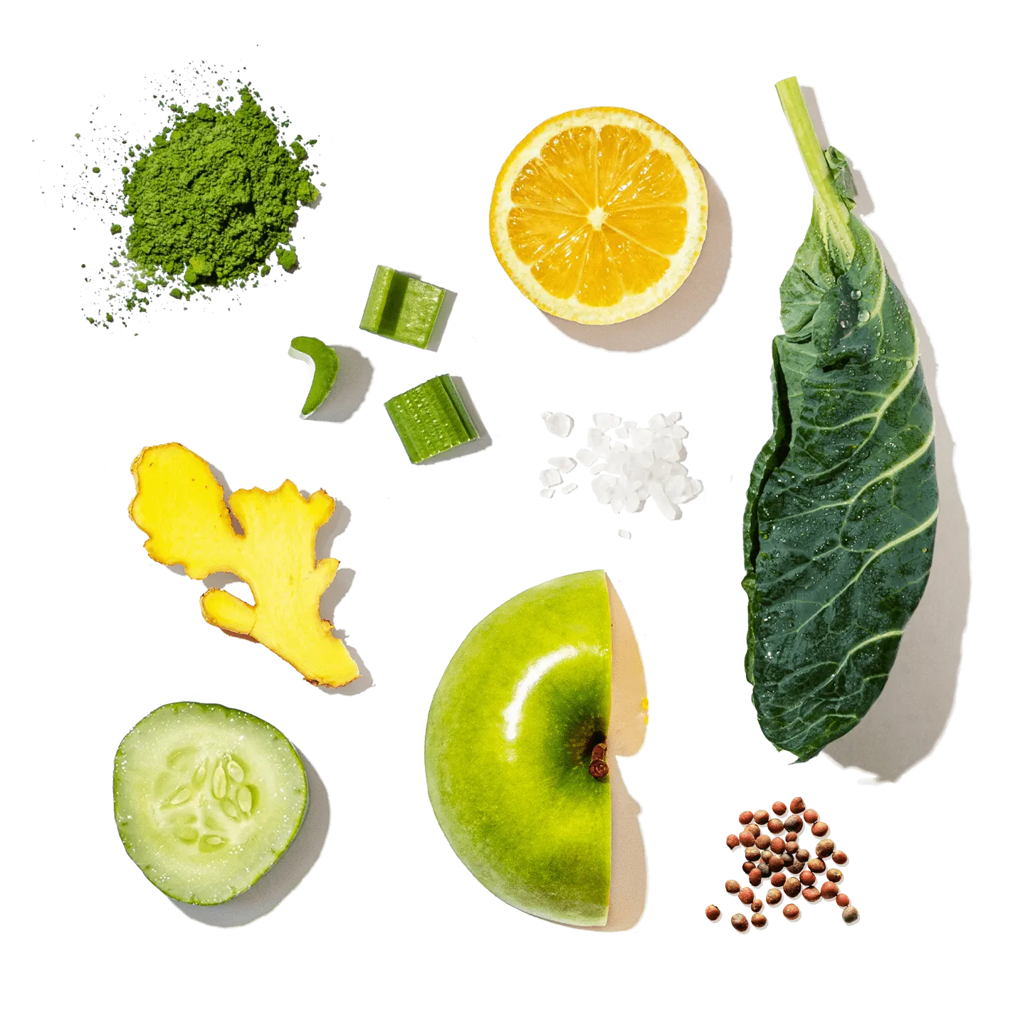 Collage of various green vegetables and fruits on a white background