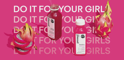 Pressed Juicery Dragon Fruit Wellness Smoothie and Hydration+ Watermelon Dragon Fruit bottles with whole and sliced dragon fruit on a pink background featuring animated “Do It for Your Girls” text.