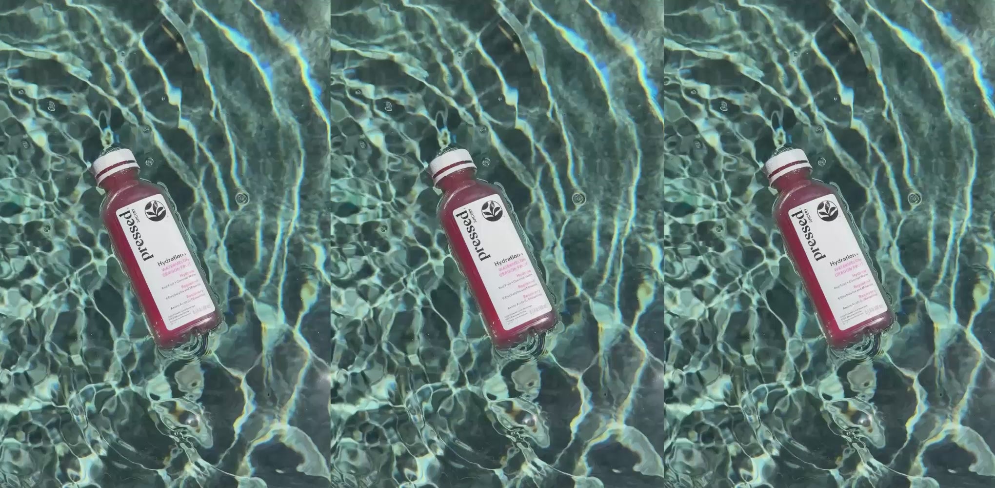Video of the Hydration+ Watermelon Dragon Fruit floating in a pool then being sipped poolside, folllowed by a poolside plate of watermelon, lime, and bottles of the juice. 