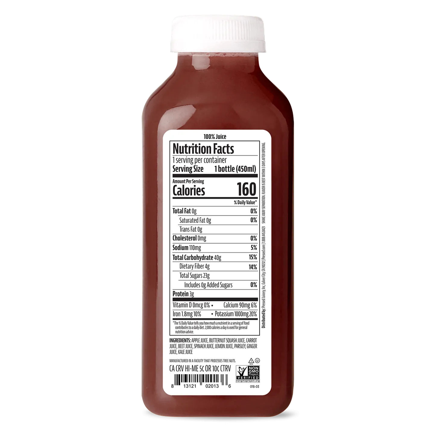 Bottle of juice with a nutrition facts label on a white background