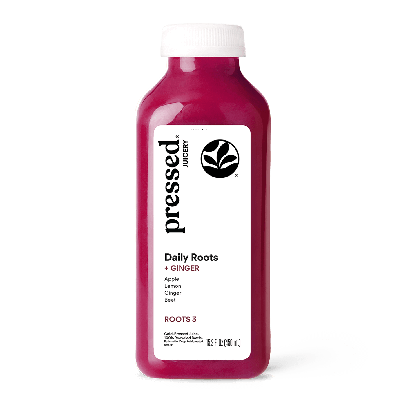 Bottle of 'pressed. juicery' Daily Roots + Ginger juice on a white background