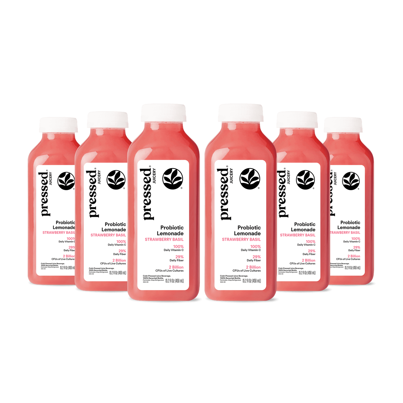 Six bottles of 'pressed' strawberry lemonade on a white background