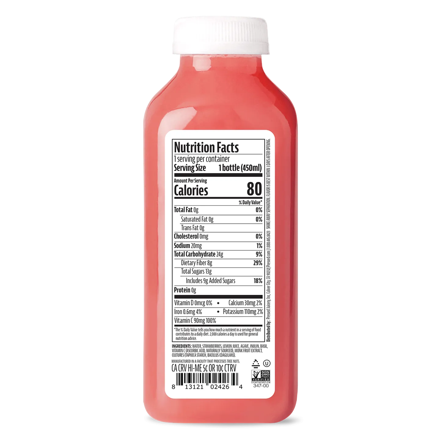 Bottle of juice with a nutrition facts label on a white background
