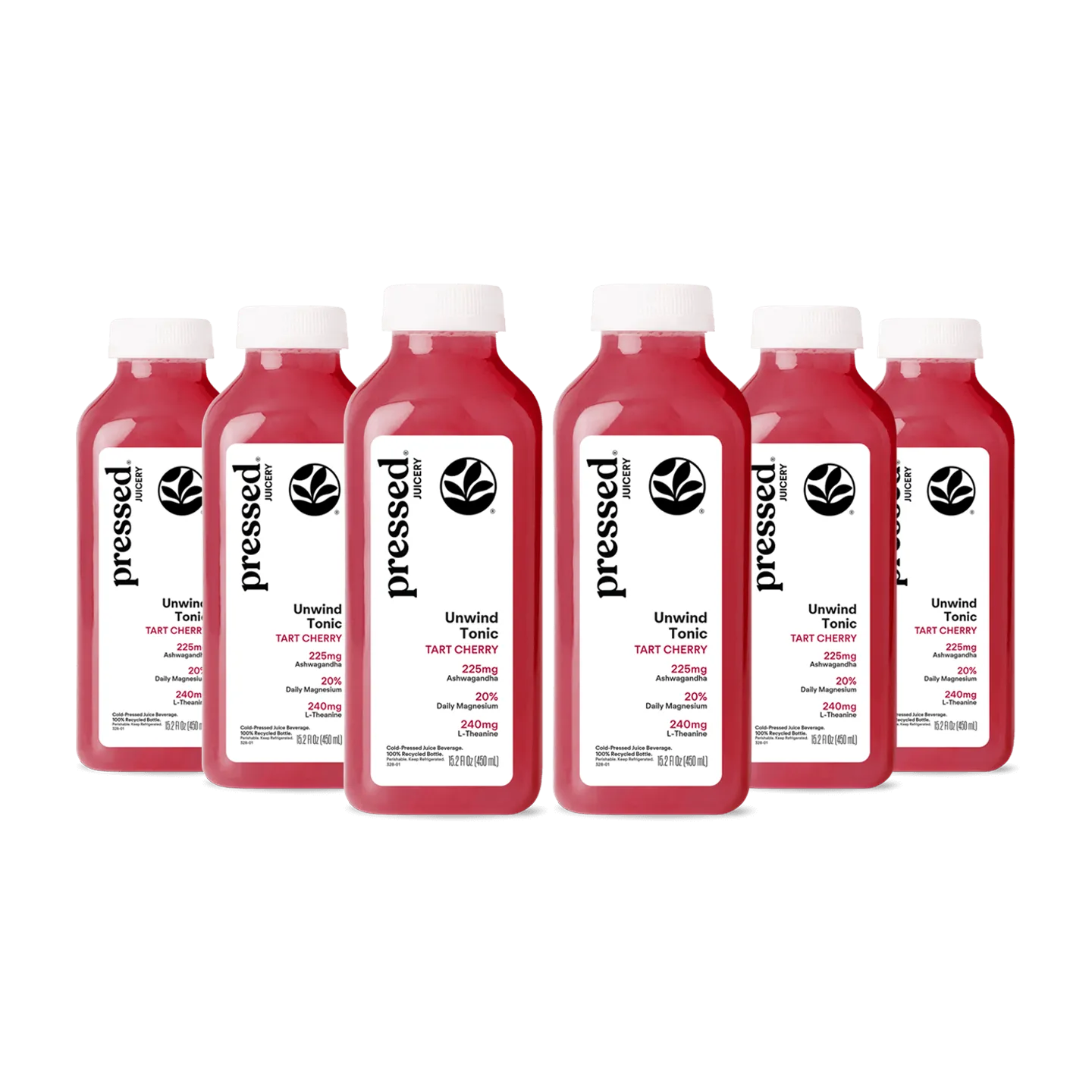 Multiple bottles of 'pressed' brand tart cherry juice on a white background
