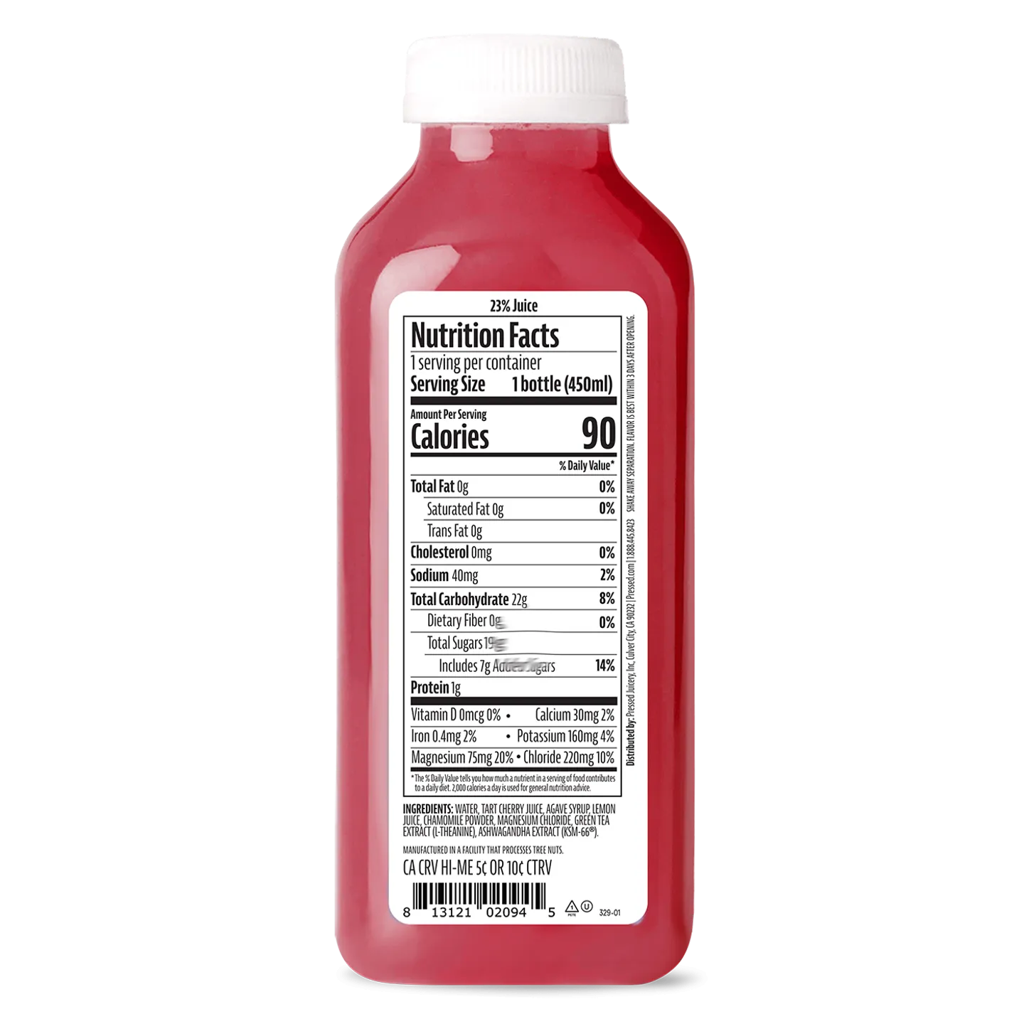 Red juice bottle with a nutrition label on a white background