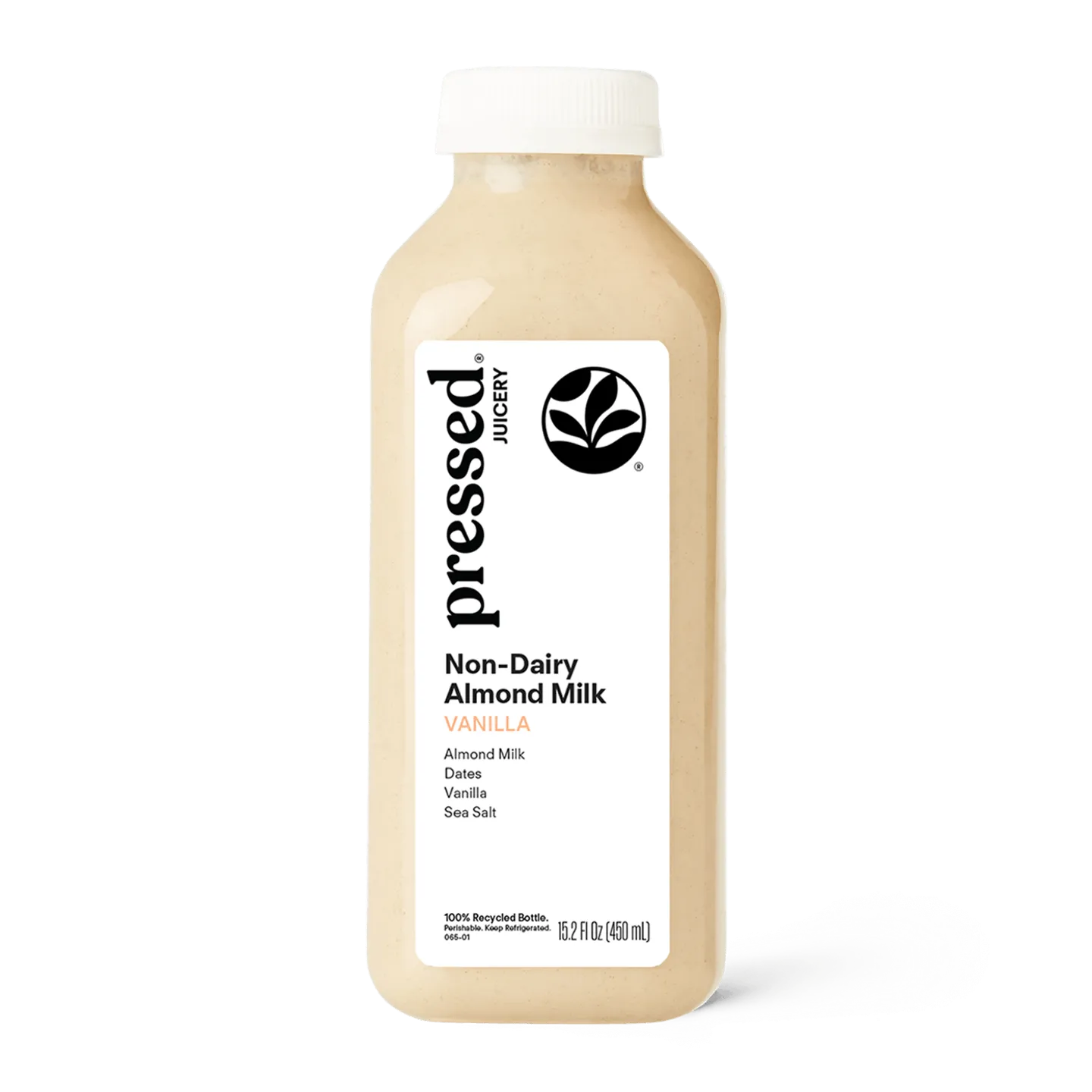 Bottle of pressed Juicery Non-Dairy Almond Milk Vanilla flavor on a white background